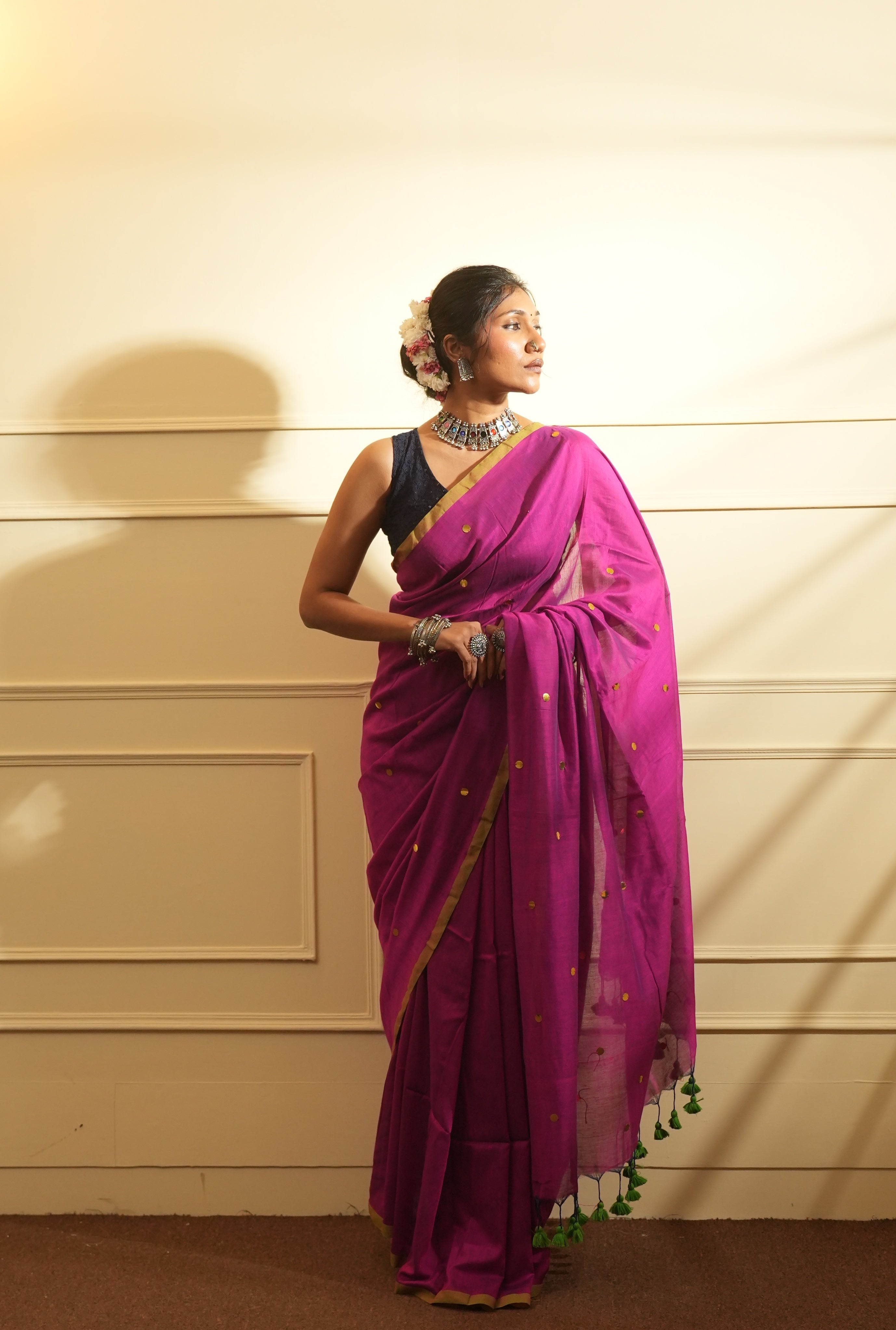 RangDhaaga Purple with Neon Green Border Sequence Cotton Saree - By Shreya